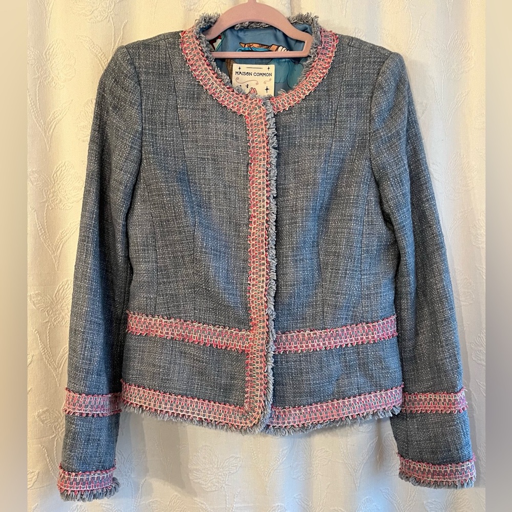 Maison Common Blazer Size EU 38 Blue & Pink Tweed Cotton Contrast Lining EUC